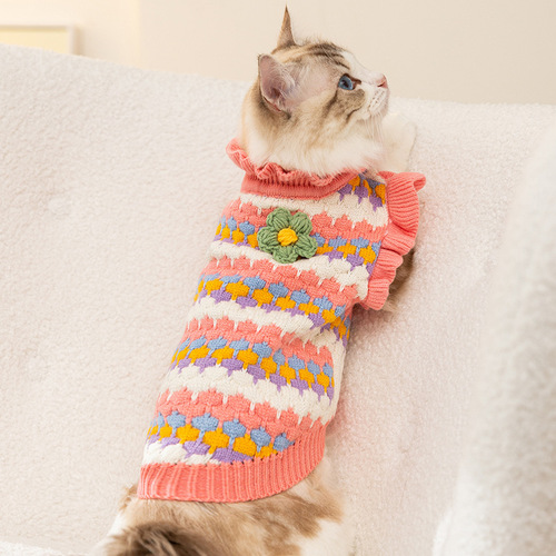 Autumn and winter lady three-dimensional flower color striped cat sweater dog princess two-legged sweater pet warm clothes