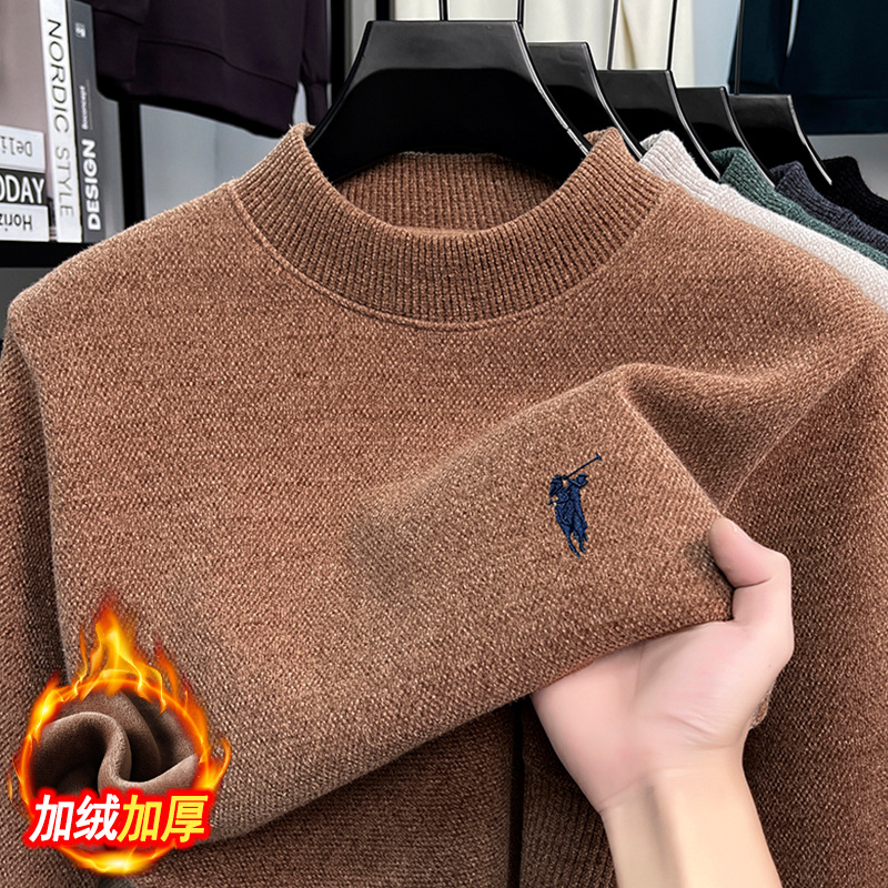 Autumn and Winter New Heavy One-Piece Fleece Men's Thickened Sweater with Half Turtleneck, Fashionable and Warm Men's Knitted Base Shirt