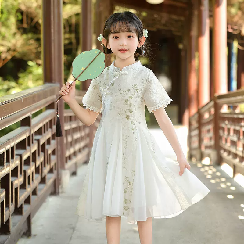 女童连衣裙新中式儿童汉服夏装2025新款女孩旗袍泡泡袖网纱公主裙