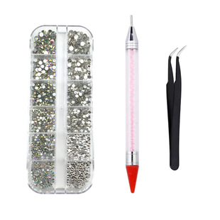 Amazon 12-Grid Nail Art Accessories Mixed Flat-Back Rhinestones Double-Ended Silicone Dotting Pen Tweezers Nail Art Set Colored Rhinestones