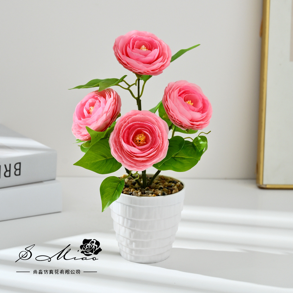Transfronterizos 4 camellia pequeña imitación bonsai maceta flores falsas props de fotografía flores artificiales boda decoración del hogar adornos
