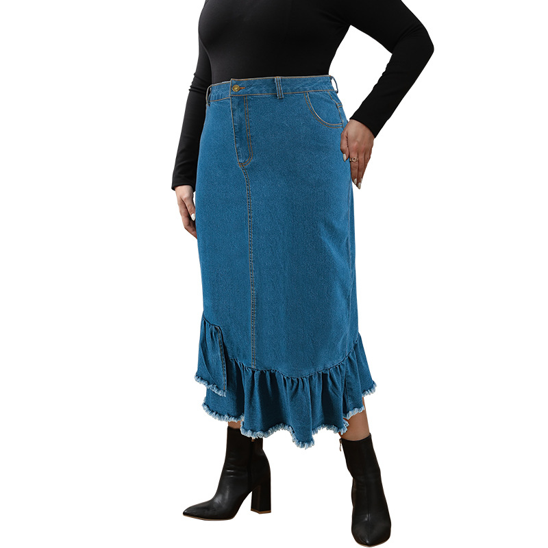 Dames plus size denim rok met kwastjes lang en elegante pasvorm_voghion.com