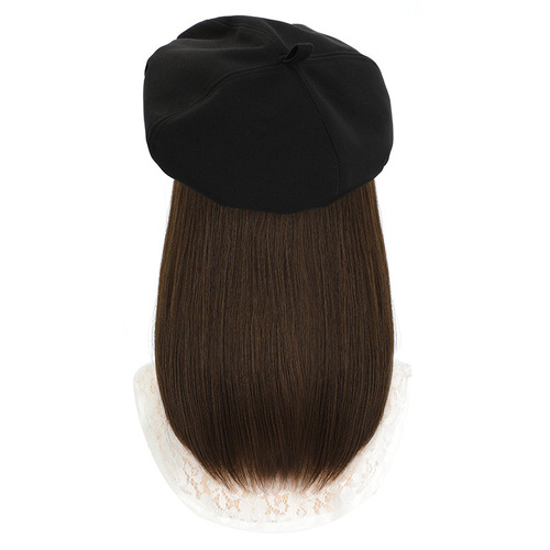 Hat and wig integrated female fashion new style internet celebrity clavicle hair wig hat medium-length straight hair beret versatile 