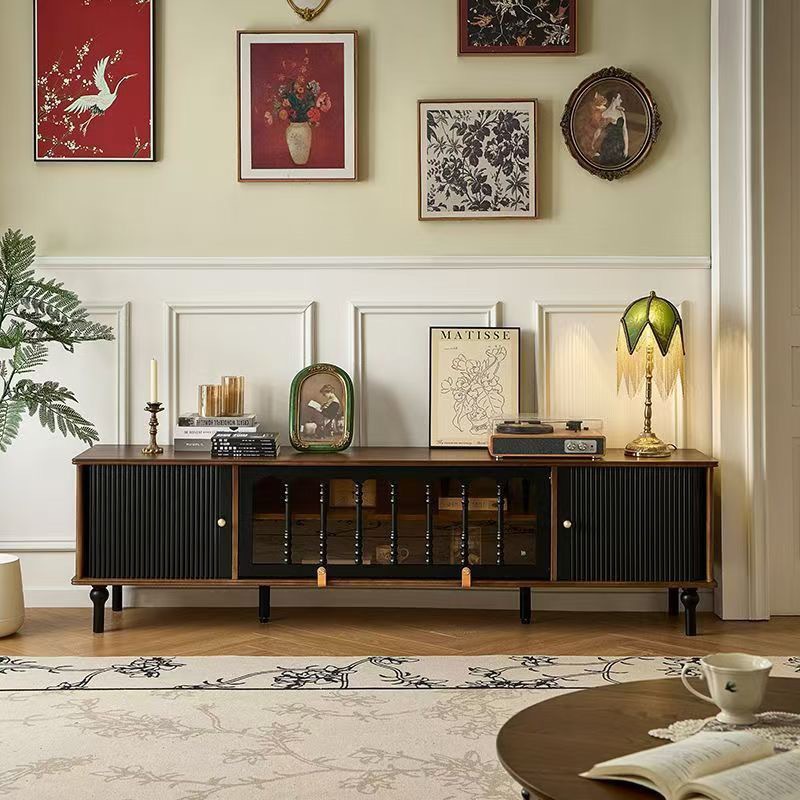 French-Style Vintage Solid Wood Tv Cabinet and Coffee Table Set for Living Room, Suitable for Small Apartments, Antique-Style Tv Stand in Red Oak