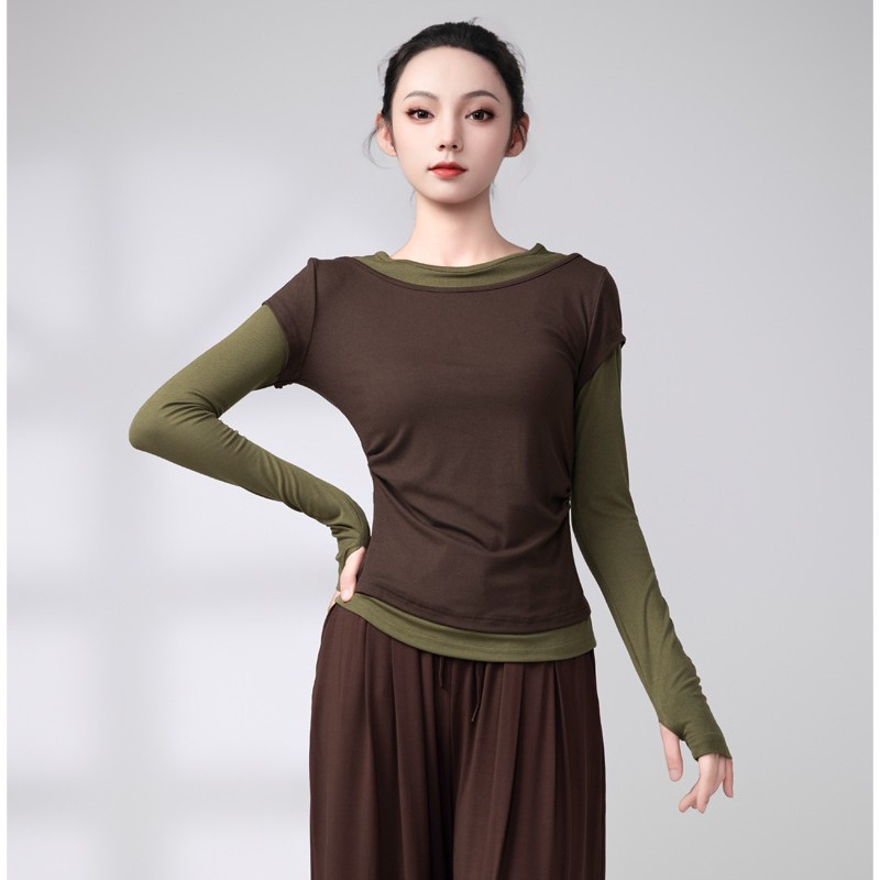 Modern Dance Clothing, Classical Chinese Dance Practice Clothing, Women's Autum Fake Two-Piece Long-Sleeved Tops, Body Training Clothing, Yoga