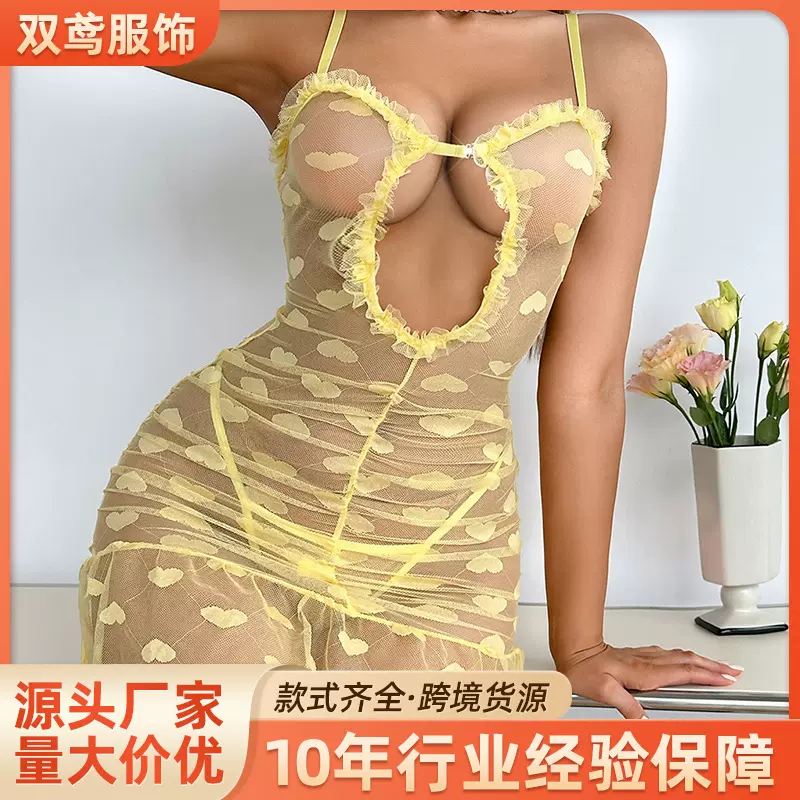 跨境欧美新款性感辣妹镂空蕾丝透视连衣裙爱心吊带短裙情趣内衣