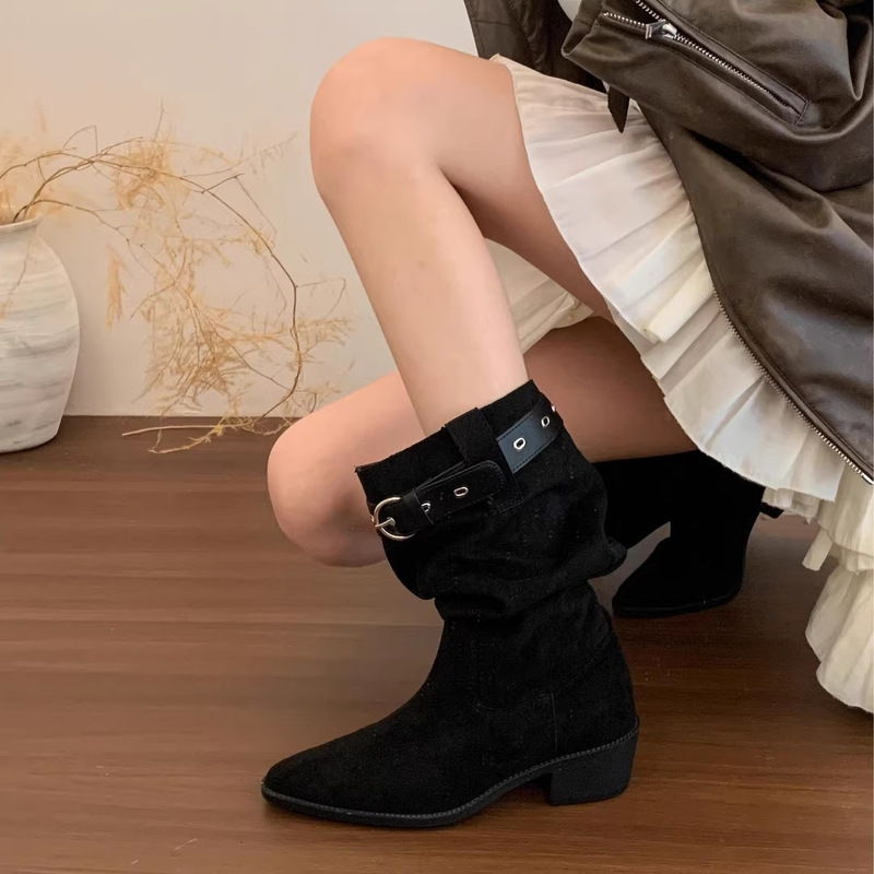 皮带扣褶皱堆堆靴女2025新款欧美时尚舒适两穿西部靴绒面时装靴潮|undefined
