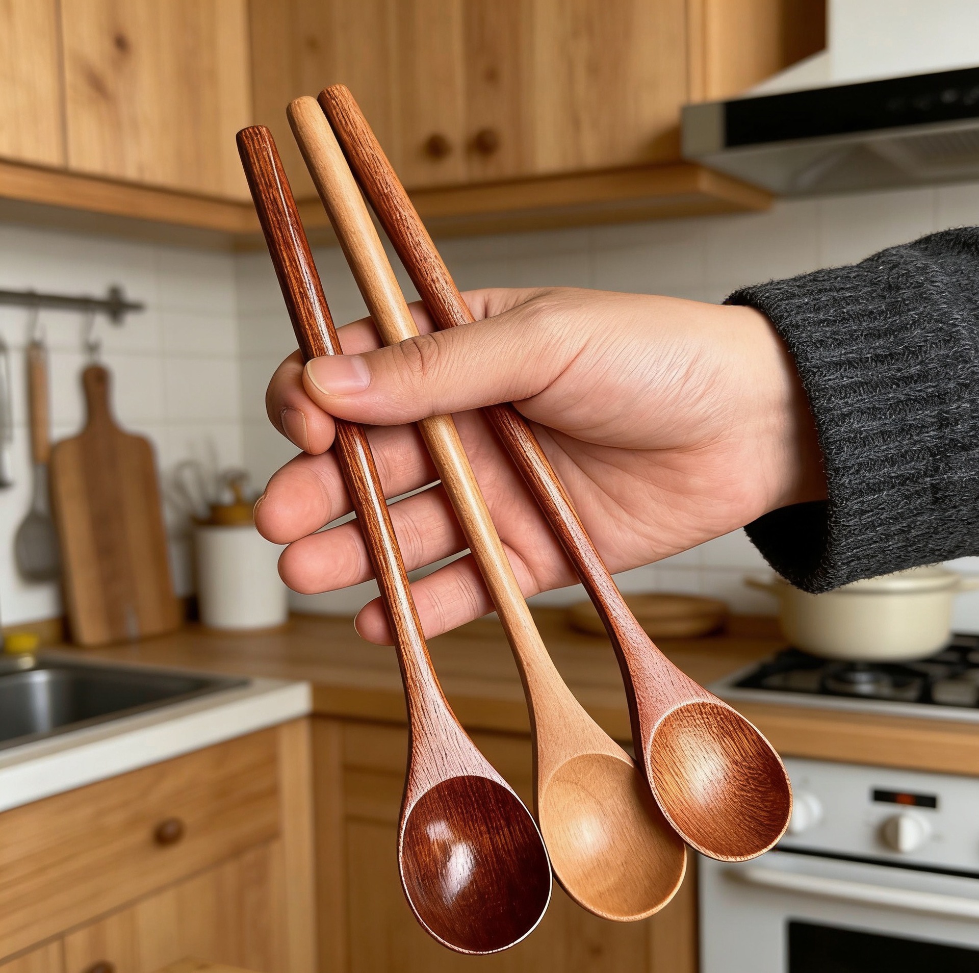 Yuanjin Bamboo Japanese Style 20*3CM Beech Honey Coffee Stirring Light Wood Color Round Handle Wooden Spoon_voghion.com