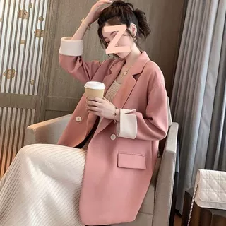 韩版粉色小西装学生外套女双排扣宽松休闲chic西服春秋季2026新款
