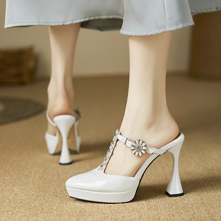 2025 Summer New European and American Cowhide Women's Shoes Waterproof Platform High Heels Women's Thick Heel Toe Sandals Women's Rhinestone Sandals