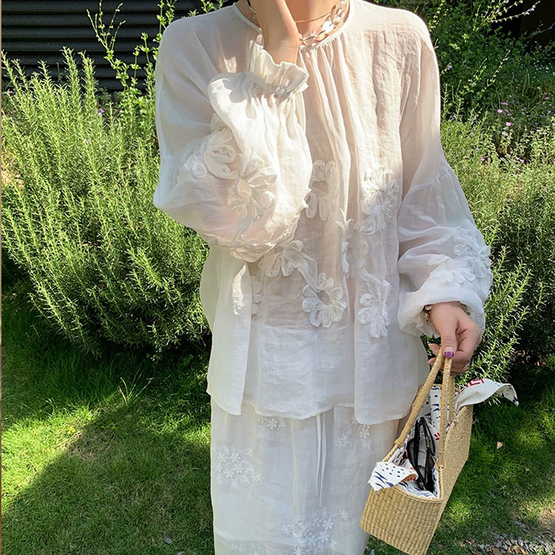 Ramie Handmade Floral Lantern Sleeve Vintage Shirt 2026 Summer New Casual Versatile Style Shirt Top