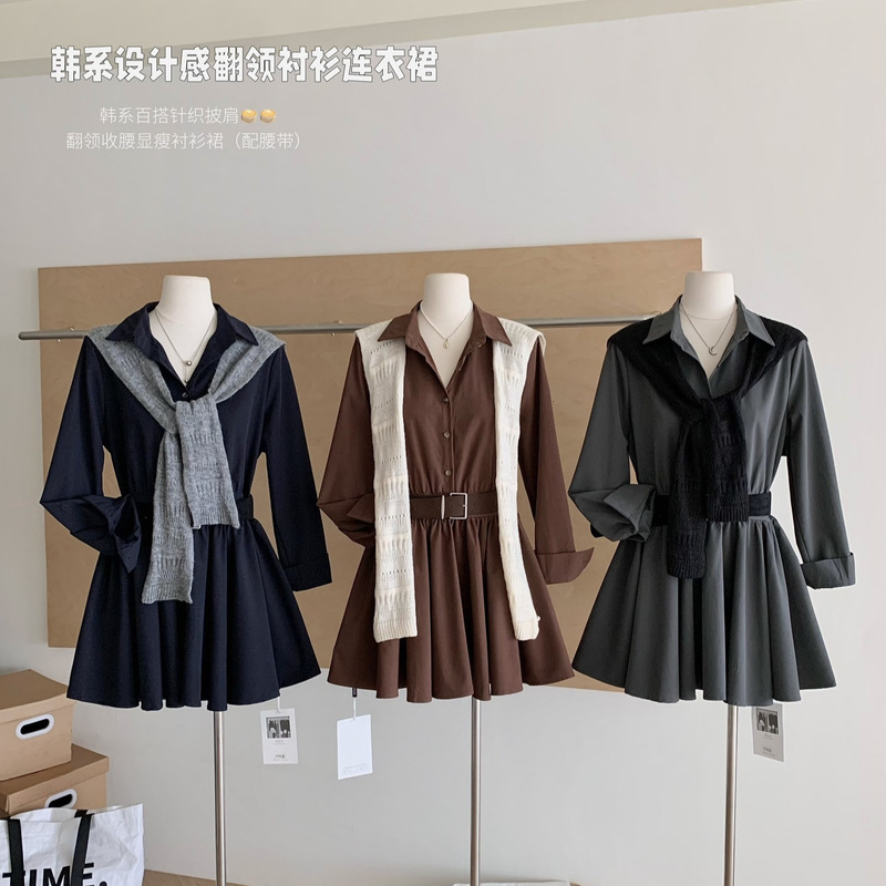 设计感针织披肩长袖连衣裙女2025秋新款百搭收腰显瘦短裙|undefined