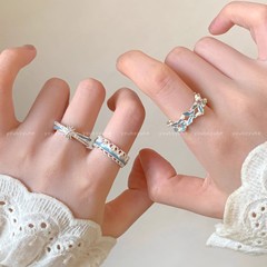 蓝色滴釉蕾丝花边叠戴戒指女小众设计开口可调节食指戒