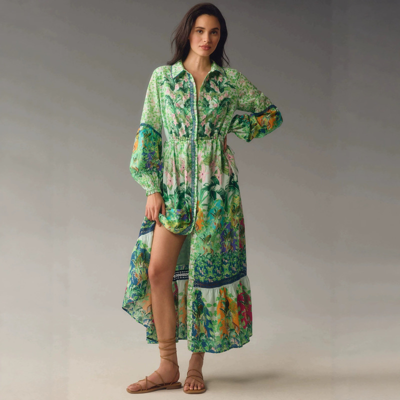 Cross-Border Hot-Selling High-End Tropical Print Dress for Women, Waist-Cinching Tie, Lace Trim, Vacation Style Long Shirt Dress Cross-Border Hot-Selling High-End Tropical Print Dress for Women, Waist-Cinching Tie, Lace Trim, Vacation Style Long Shirt Dress