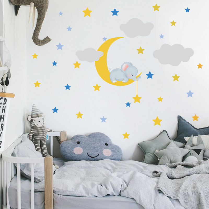 Cartoon Baby Elephant Moon Clouds Stars Children's Room Wall Stickers display picture 6