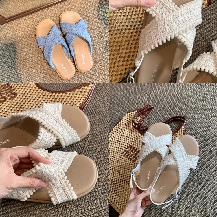 Dos versiones de sandalias planas de Grape Mom ~ Sandalias y pantuflas de punta abierta tejidas cruzadas estilo vacaciones verano femenino