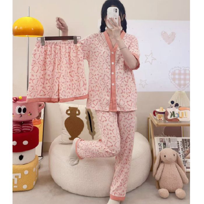 Pijamas de algodón de nube de amor dulce a cuadros de dopamina para mujer verano nuevo estilo pantalones de manga corta ropa a domicilio traje de tres piezas