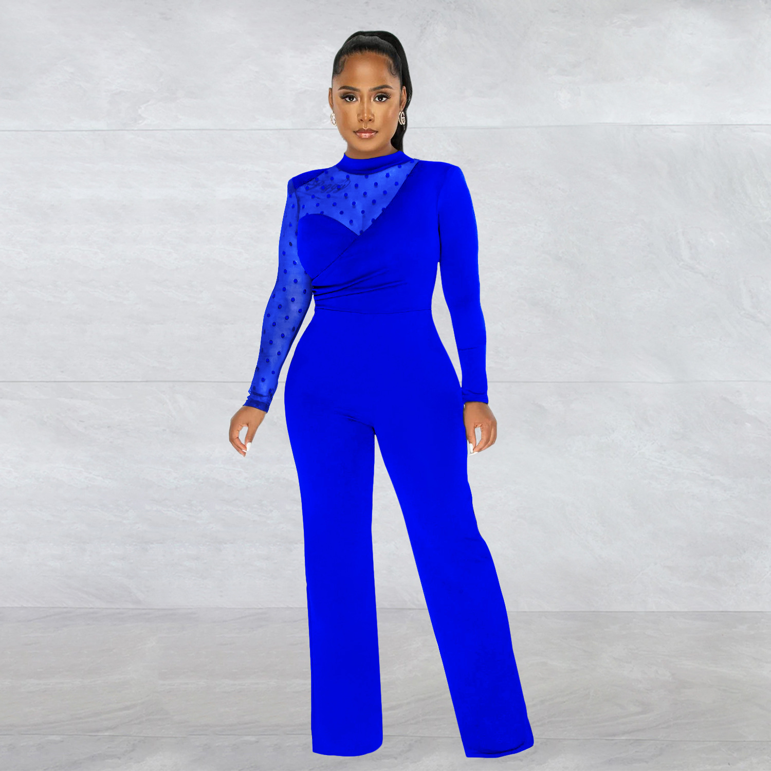 Women's Clothing fashion women's polka dot mesh see-through long-sleeved trousers solid color jumpsuit_voghion.com