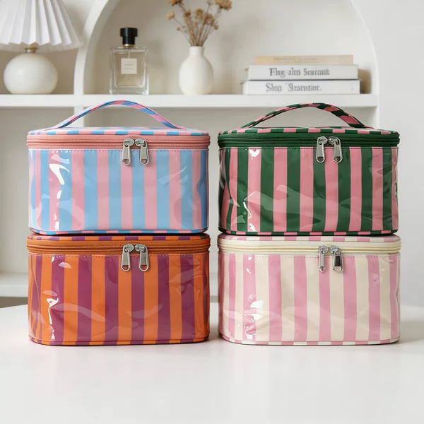 Contrast Color Striped Cosmetic Bag, Large Capacity Portable Toiletry Bag, Waterproof Pvc Travel Storage Bag, Large Capacity Cosmetic Bag