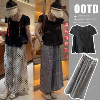 夏季哺乳衣外出辣妈款产后方领喂奶上衣+格子波点阔腿裤哺乳套装