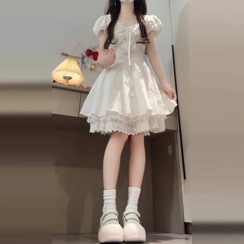 2025 新しい女性の夏のショートスカートフレンチジェントルスタイル初恋白ドレス気質ウエストホワイトスカート|undefined