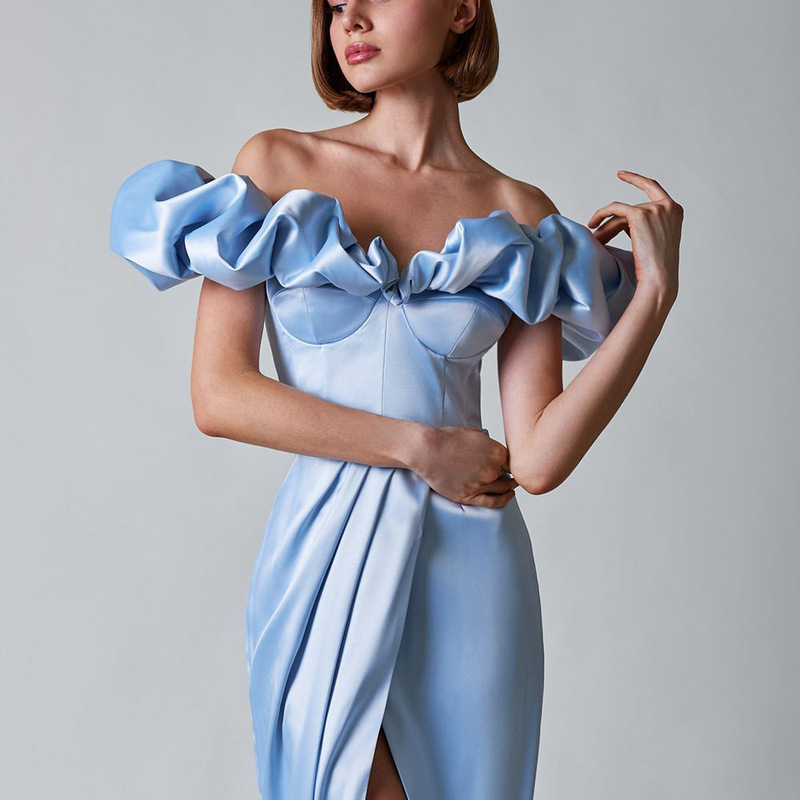 European and American Cross-Border Popular Women's Clothing: High-Slit Workwear Evening Dress, Off-Shoulder Long Dress, Strapless Ruffle Dress