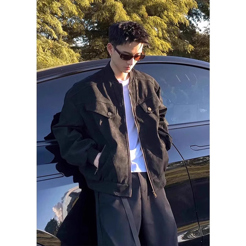 Leather brown short sleeve workwear jacket for men, spring and autumn wash streetwear baseball jacket, American retro Harrington jacket