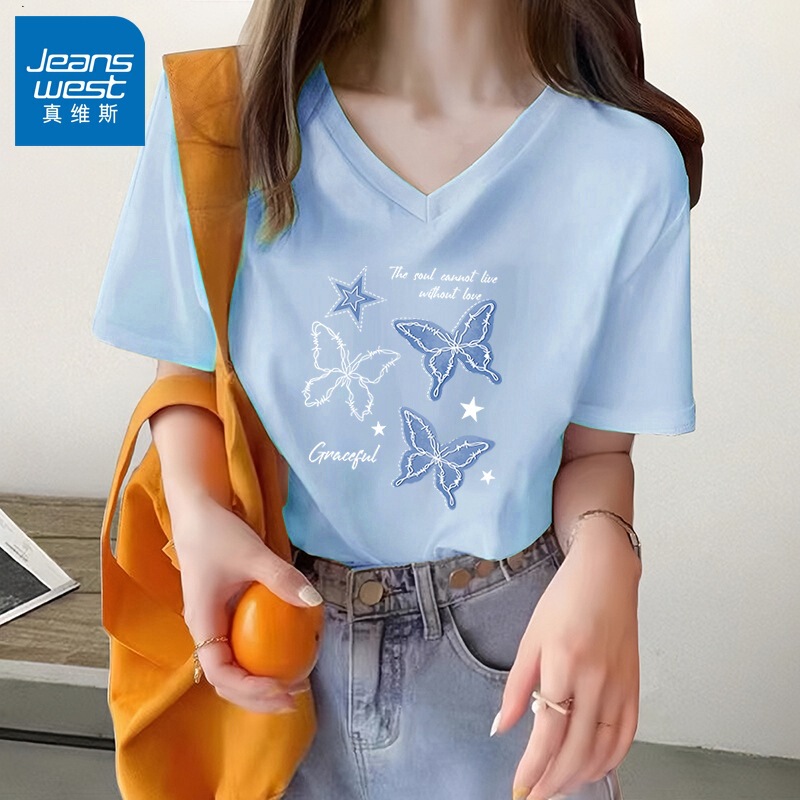 Jeanswest Blue Right Shoulder V Neck Short-Sleeved T-Shirt Women's 2025 New Summer Chic Korean Casual Top X