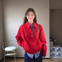 美式复古红色棒球服夹克外套女早初秋季2025新款休闲宽松气质上衣