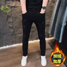 高端凤凰刺绣纯黑色牛仔裤男春秋新款潮流百搭弹力直筒休闲长裤子