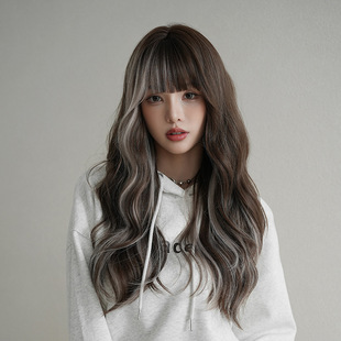 Wig Women's Long Curly Hair with Qi Bangs and Milk Grey Spotted Natural Realistic Fluffy Long Hair Large Wave Curly Hair Wig Cover