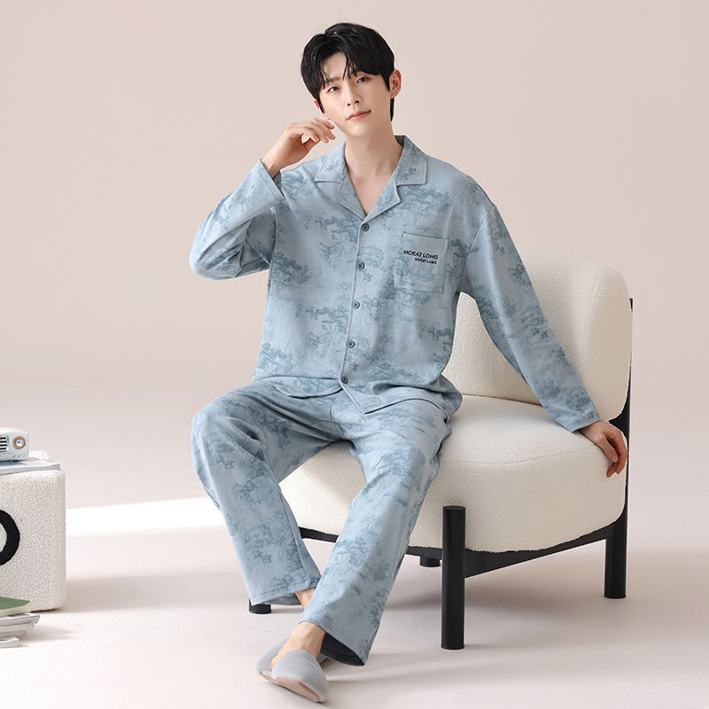 Pijama de algodón adolescente para hombres primavera y otoño Cardigan simple de manga larga relajado más ropa de hogar grande