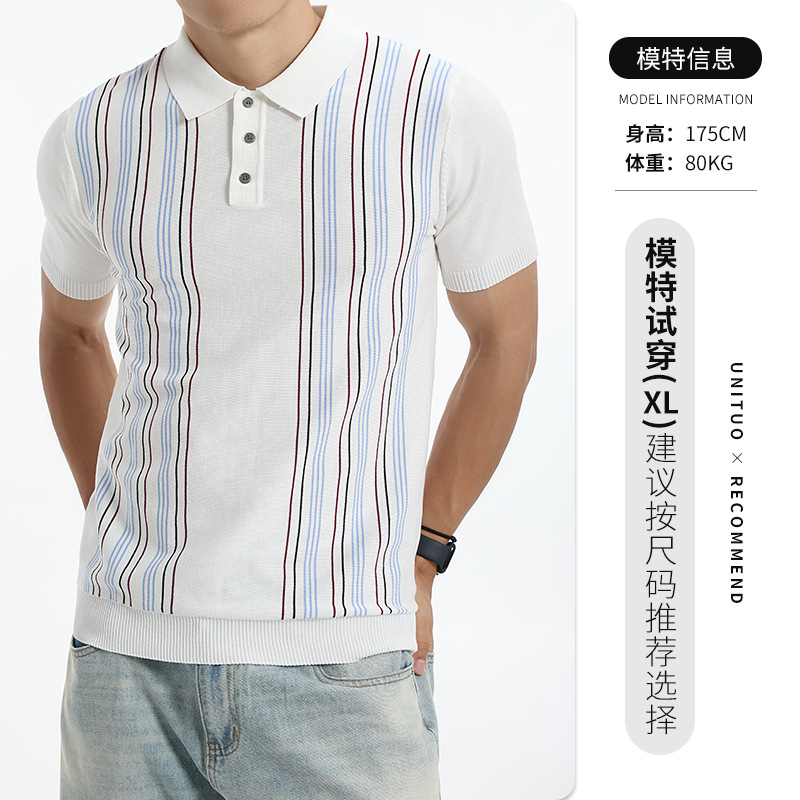 Europa y Estados Unidos trajes de hombre de hielo rayas con cuello polo camisa de hombre ligera de negocios casual de manga corta camisa de punto Paul hombre