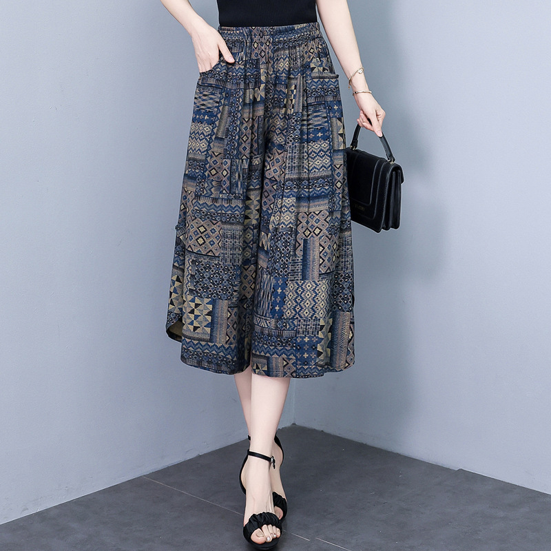 Mom's Culottes Women's Summer Thin Cotton Silk Cropped Wide Leg Pants Elapsed High Waist plus size Slimming Middle-aged and Elderly Pants Mom's Culottes Women's Summer Thin Cotton Silk Cropped Wide Leg Pants Elapsed High Waist plus size Slimming Middle-aged and Elderly Pants