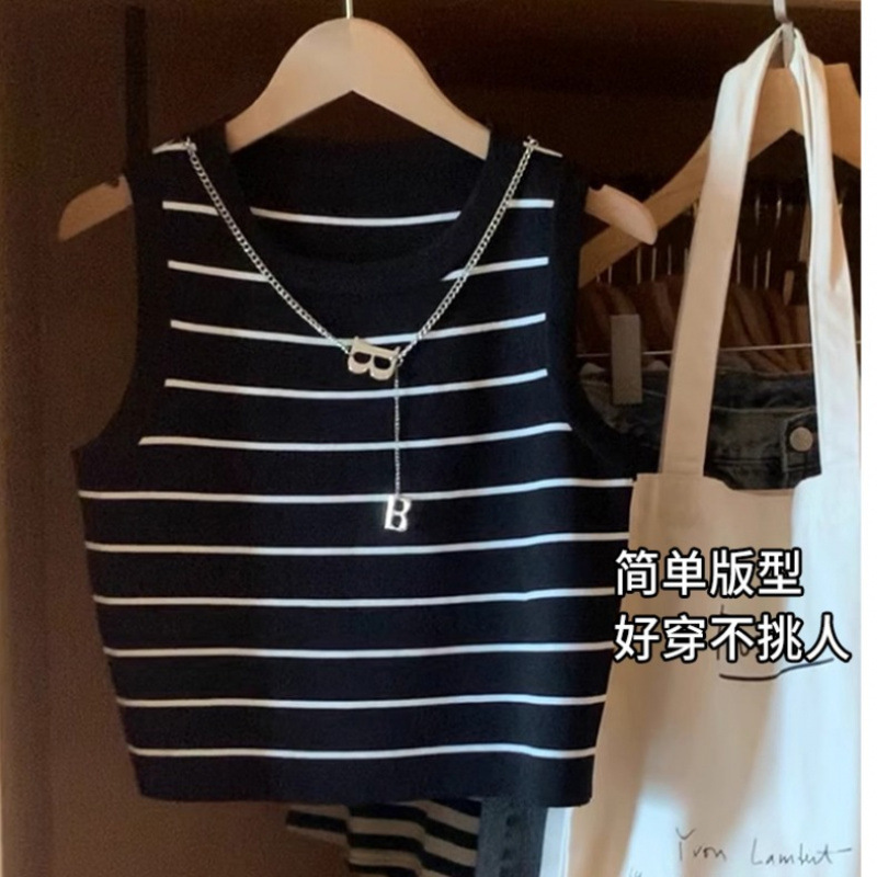 Ice Silk Striped Camisole Women's Knitted Short Summer Outer Wear Inner Design Sleeveless Top All-match Trendy