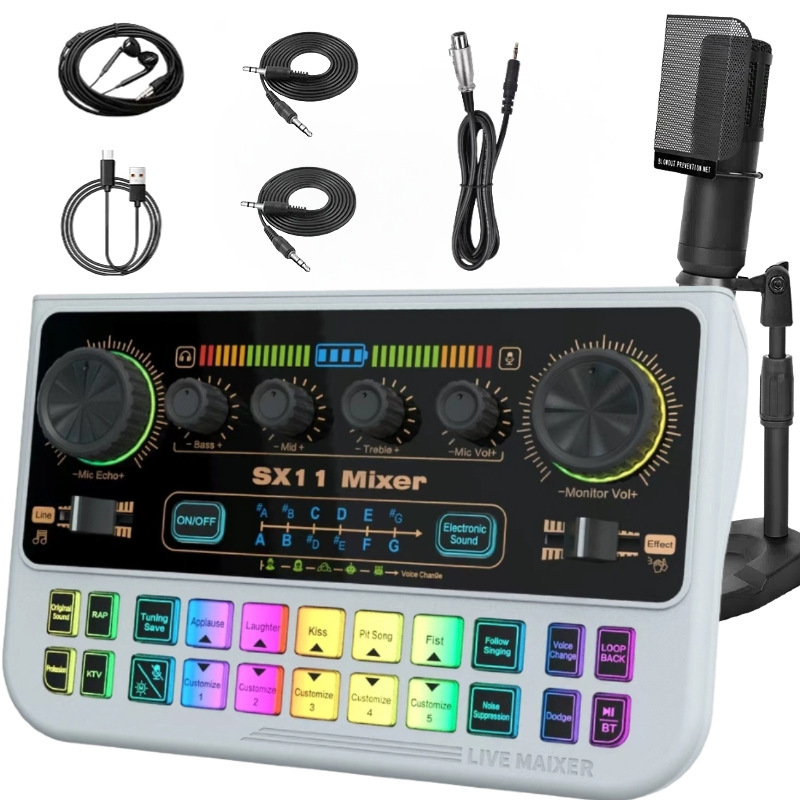 新品英文声卡套装 SX11+BM800混音变声器电音降噪直播录音K歌