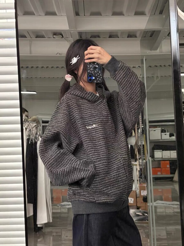 美式复古条纹连帽开衫卫衣女2025秋季新款潮牌宽松小众慵懒风外套|undefined