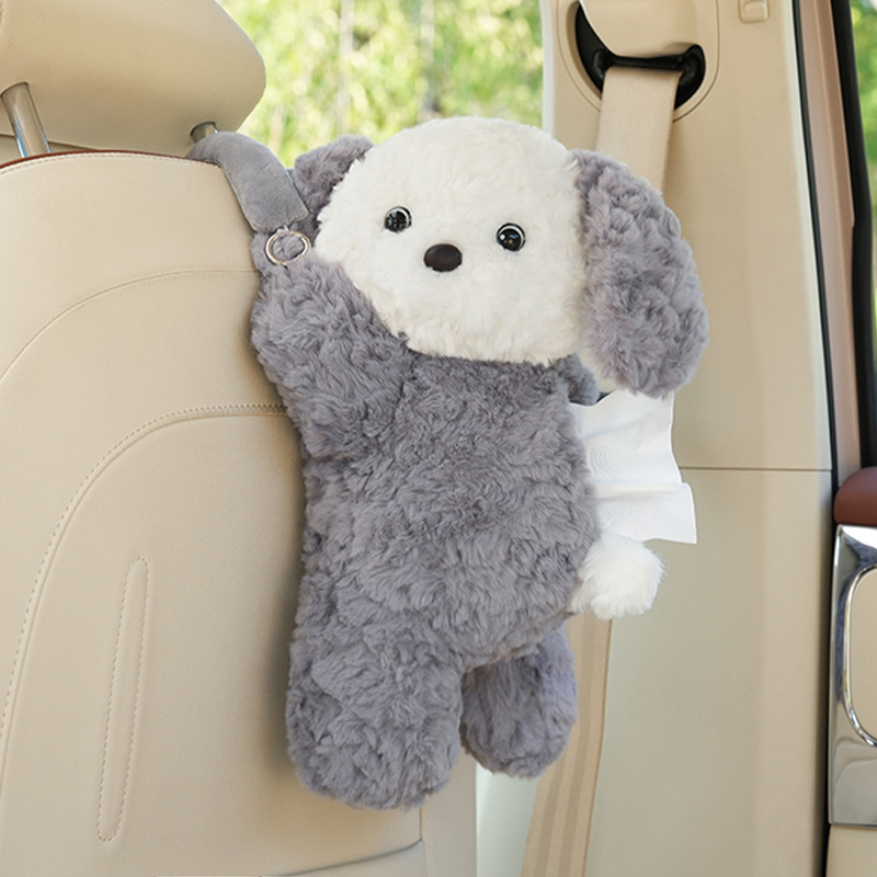 Automóvil encantador gato perro caja de toallas de dibujos animados muñeca coche colgante caja de extracción muñeca de peluche bolsa de toallas de papel