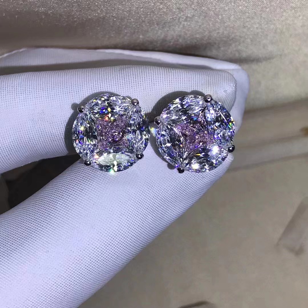 Princesa cuadrado caballo ojo corte Rosa alto carbono diamante Stud pendientes S925 plata gruesa platino con incrustaciones de diamantes importados de alto carbono