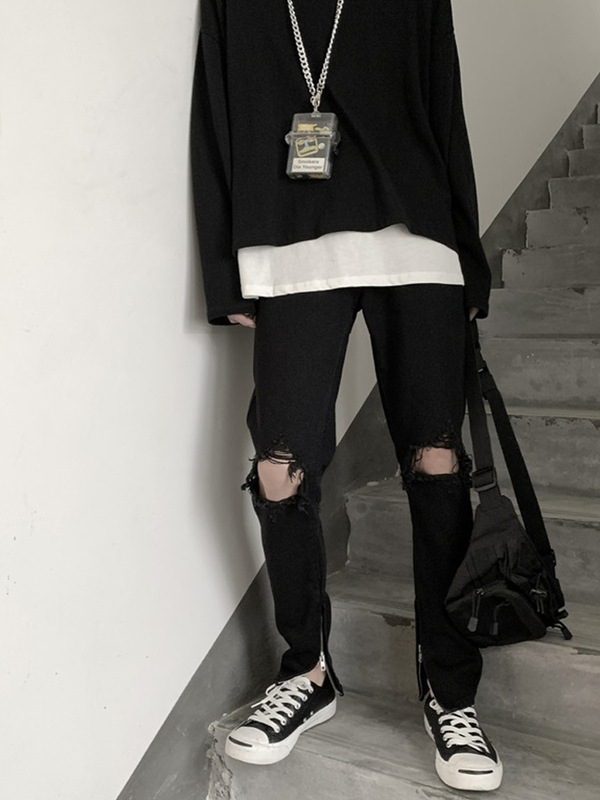 Korean Style Trendy Brand High Street Summer Black Loose Straight Large Ripped Jeans Men's Casual All-match Pants