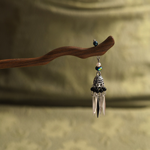 Ancient-style black sandalwood hairpin, green sandalwood tassel hair ornament, daily hairstyle hairpin, Hanfu accessory, simple hair comb for hair styling
