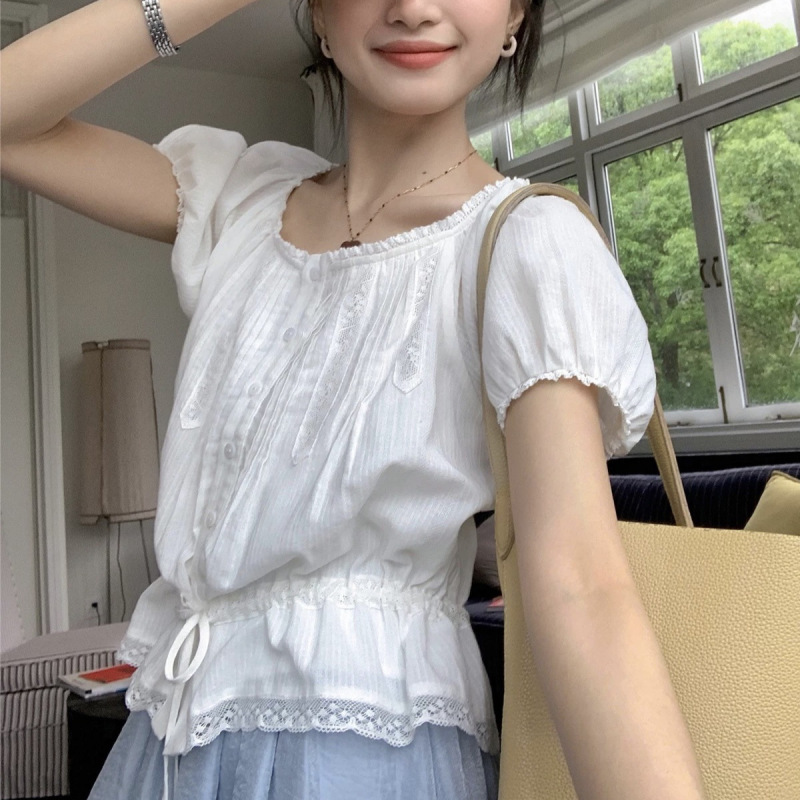 Breezy Afternoon~ French-Style Textured Jacquard Shirt for Petite Women with Lace Waist-Cinching Blouse