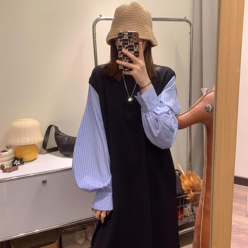 Slimming Daily 2024 Autumn and Winter New Designer Niche Loose Shirt Stitching dress