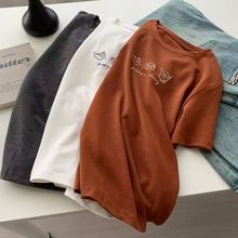 复古简约刺绣圆领磨毛短袖女宽松休闲韩版25秋冬云朵绒T恤打底衫