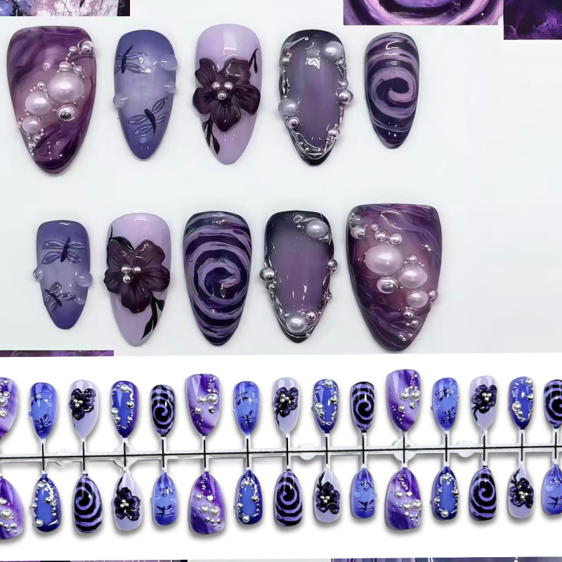 Black and purple Halloween gold-plated 3D flower press-on nails, dark-themed cross-border European and American nail patches Black and purple Halloween gold-plated 3D flower press-on nails, dark-themed cross-border European and American nail patches