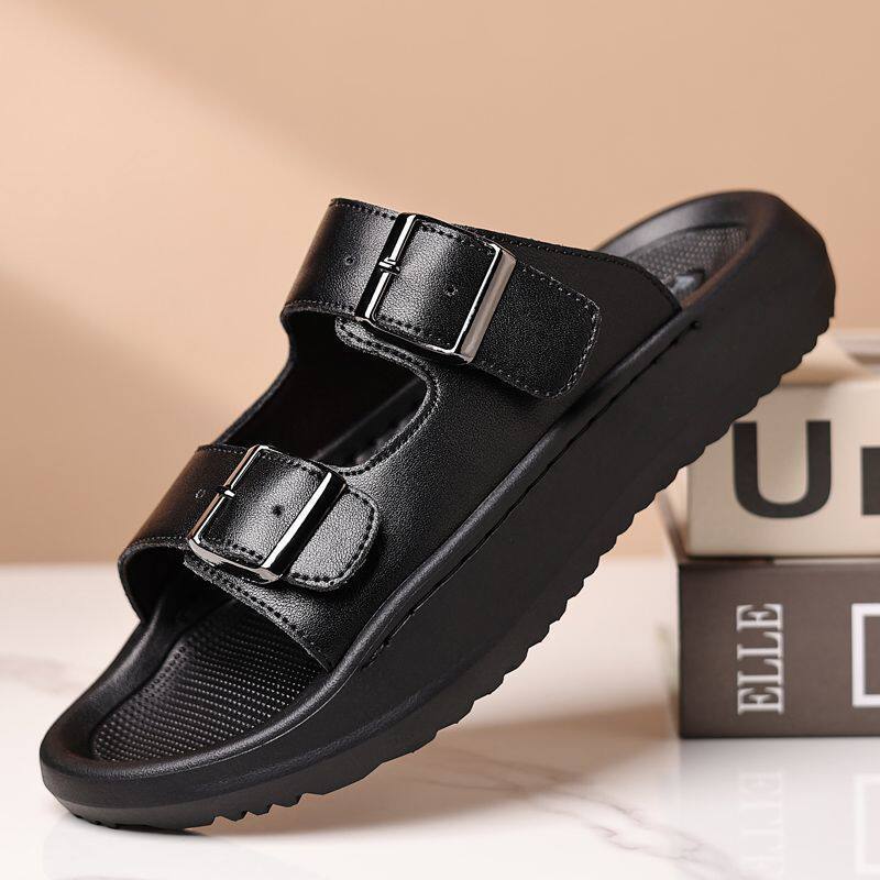 Dép sandal nam quai ngang đục lỗ kiểu La Mã, đế bằng 2 cm, thoáng khí — Màu nâu, màu đen