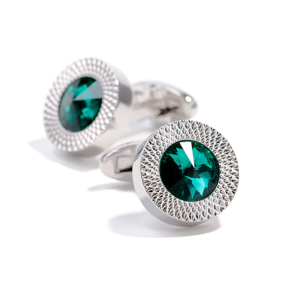 1 Pair in stock Wholesale Men's Cufflinks high quality Entry Luxury Green Crystal Round silver Shirt Sleeve Stud