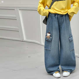 女童工装牛仔裤2026春秋新款时尚大口袋阔腿裤中大童女孩洋气弯刀