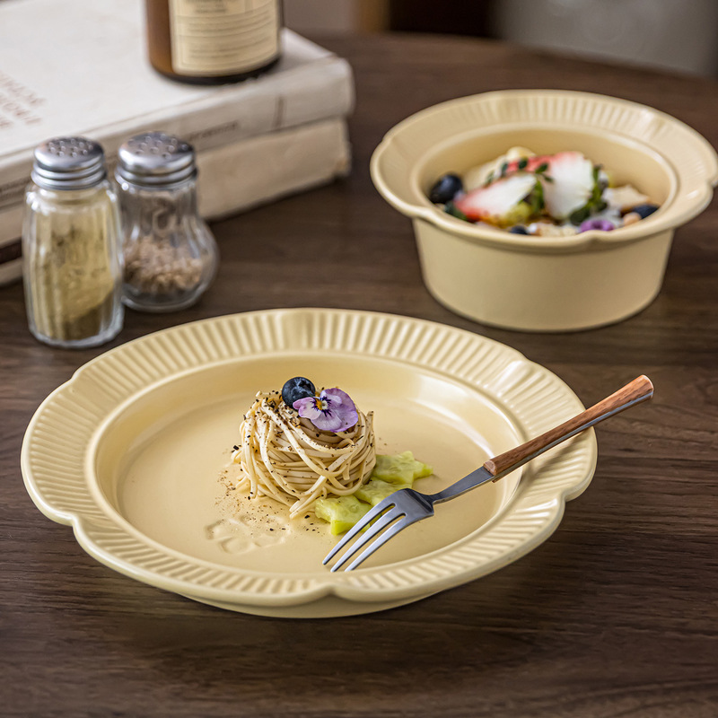 Lace-Patterned Plates, Ins-Style Ceramic Bowl and Plate Set, Household Tableware, High-Aesthetic Dinner Plates, Noodle Bowls, Restaurant Dishes, Wholesale