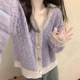 糯奶宽紫毛衣外套女慵懒松软领秋冬韩系小香风香芋针织开衫